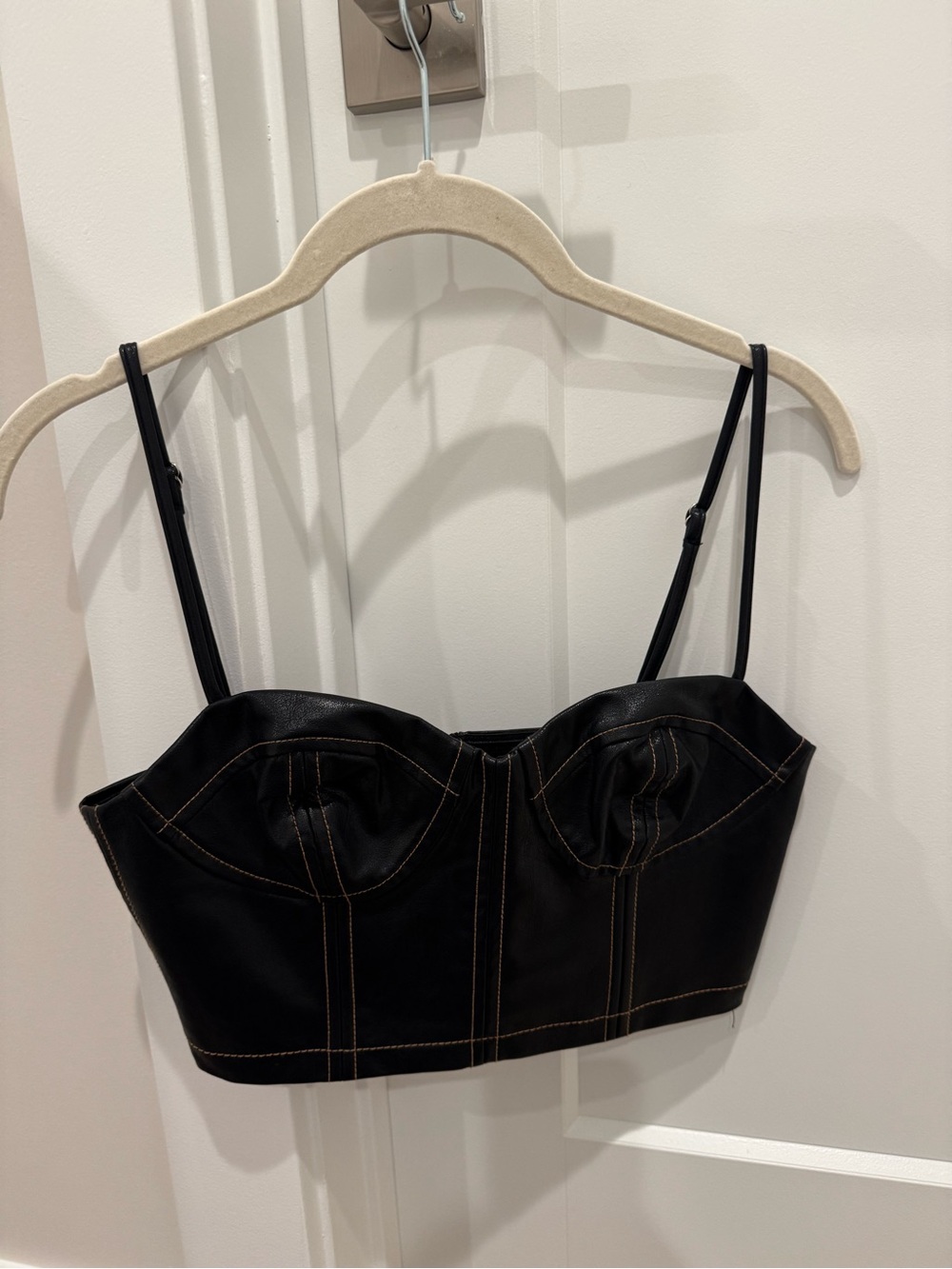 emory park Black Faux Leather Bustier Crop Top with Contrast Stitching